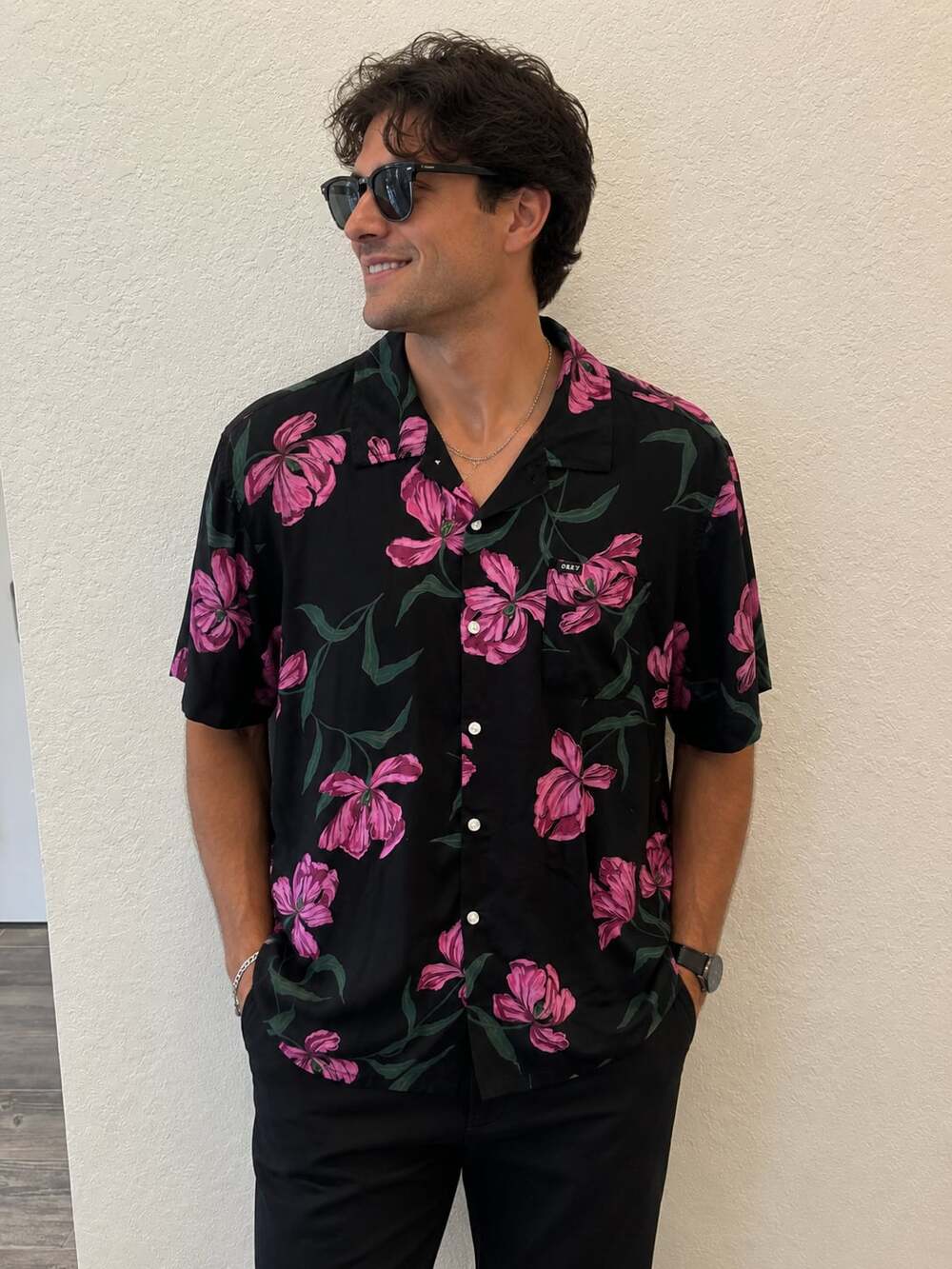 Obey Worldwide Men's Floral Short Sleeve Button-Down Shirt Black
